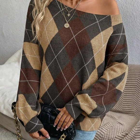 Sweaters - Multicolor Casual Women's Off-Shoulder Argyle Sweater